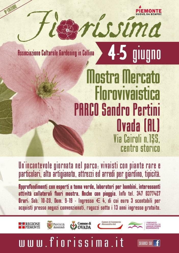 Sabato 4 e Domenica 5 Giugno vi aspettiamo a "Fiorissima" - Parco Sandro Pertini - Ovada (AL)